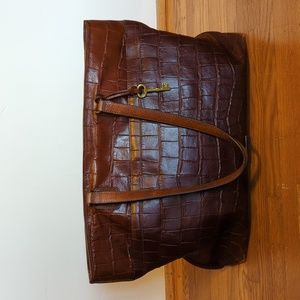 Fossil brown leather professional tote with croc embossing